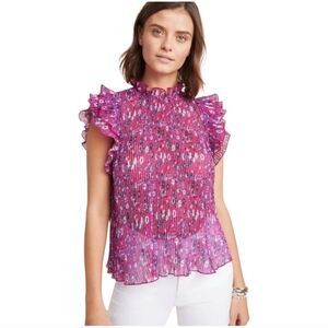 Anthropologie Plisse Pleated Top Blouse‎  Pink Blue White Floral